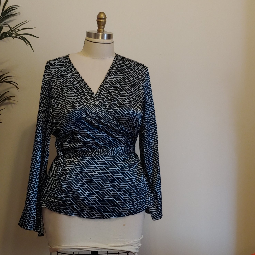 Ashley Stewart Black and White Wrap-Style Long Sleeve Blouse